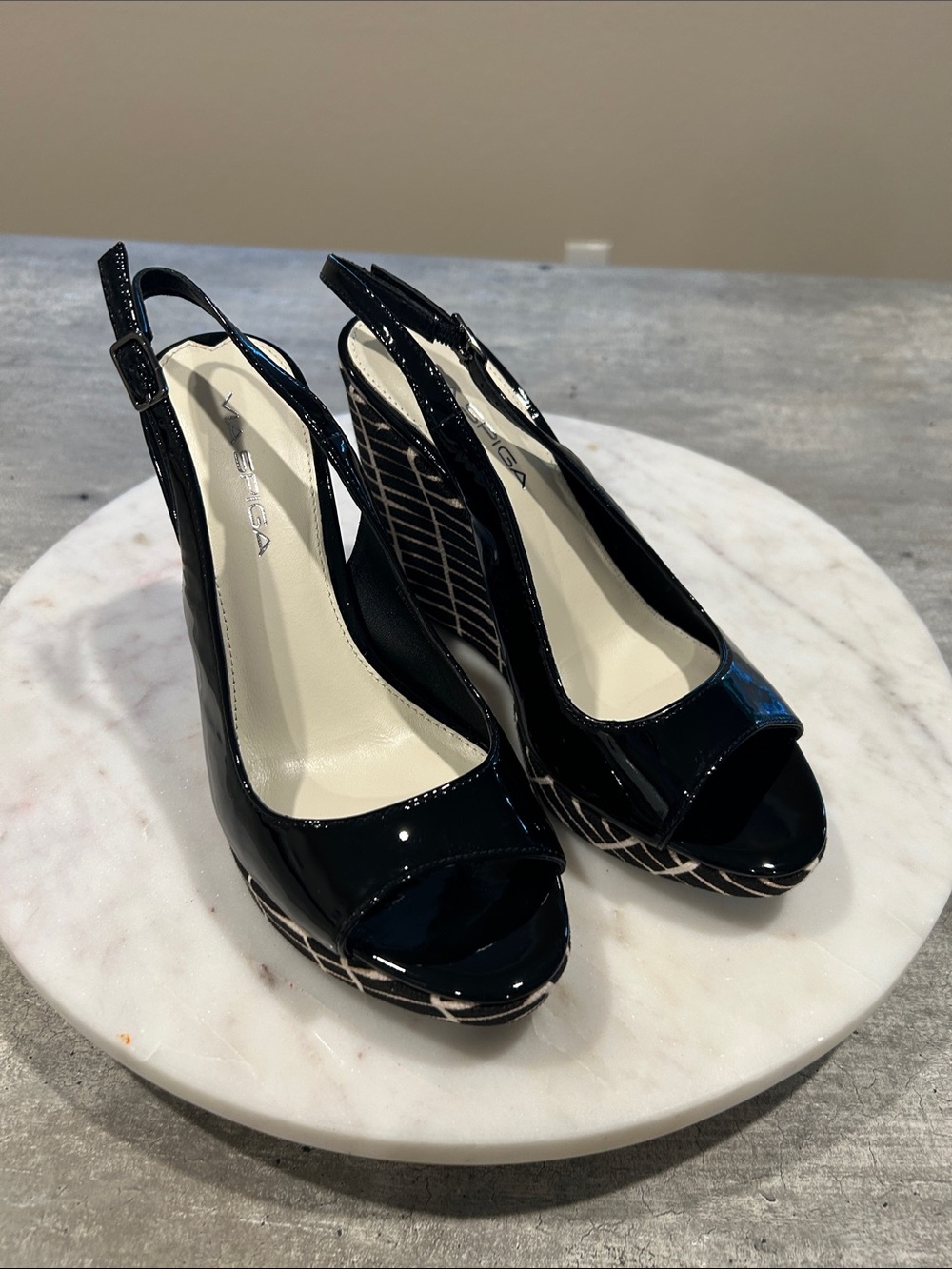 Via Spiga Black Patent Peep-Toe Slingback Wedges with Patterned Platform